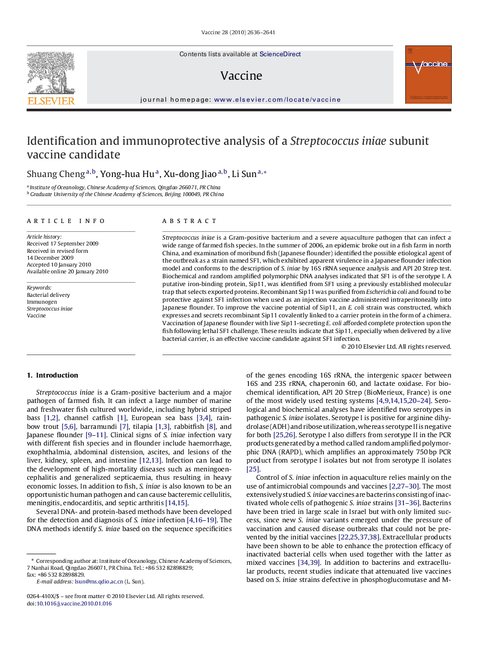 Identification and immunoprotective analysis of a Streptococcus iniae subunit vaccine candidate