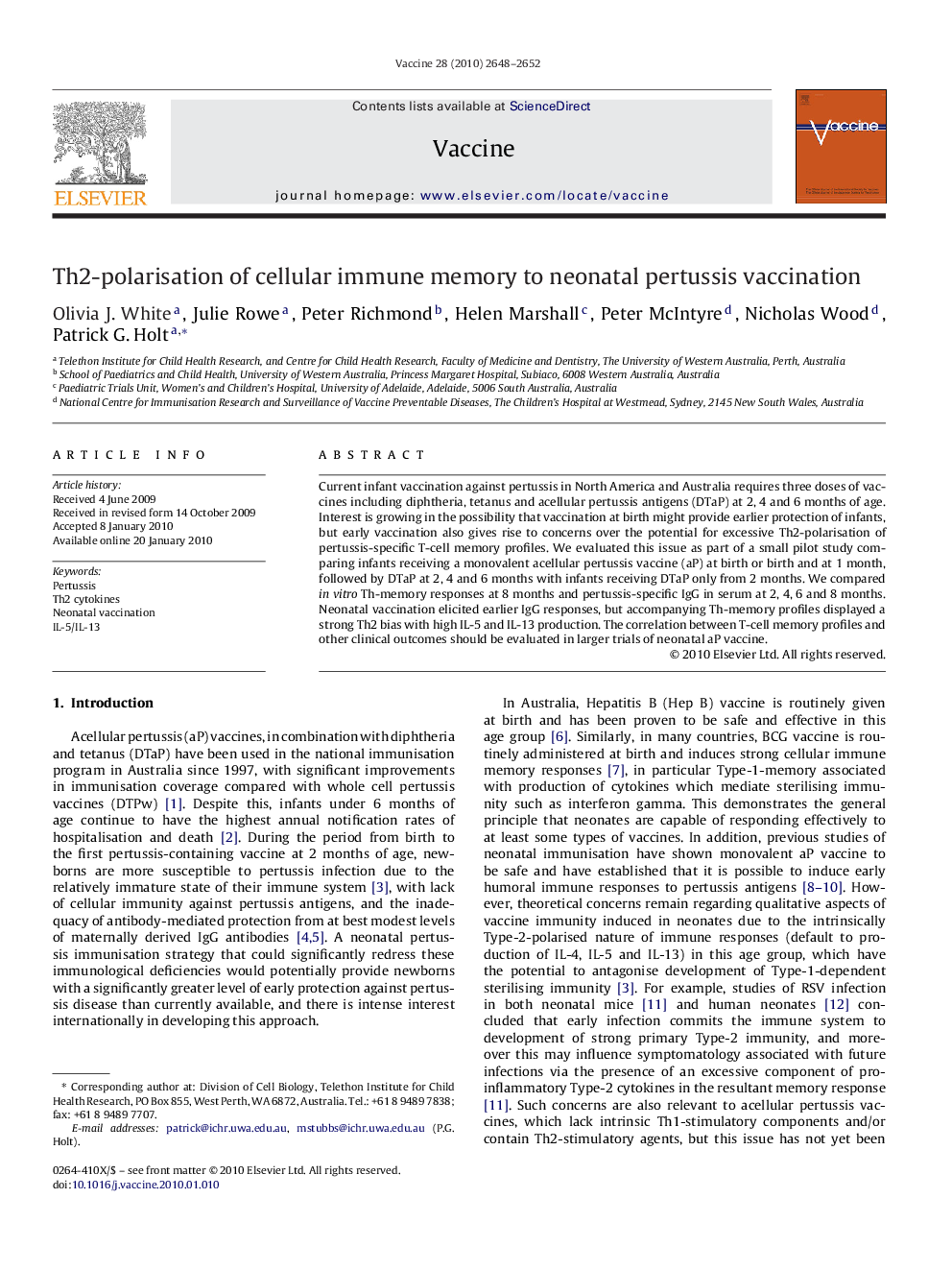 Th2-polarisation of cellular immune memory to neonatal pertussis vaccination