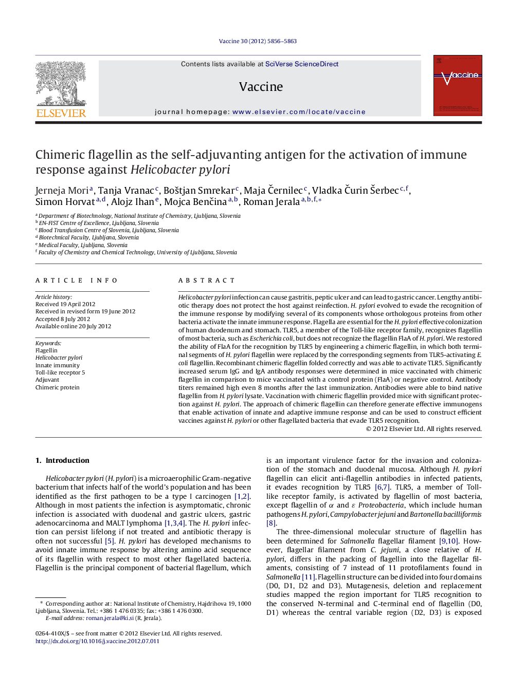 Chimeric flagellin as the self-adjuvanting antigen for the activation of immune response against Helicobacter pylori