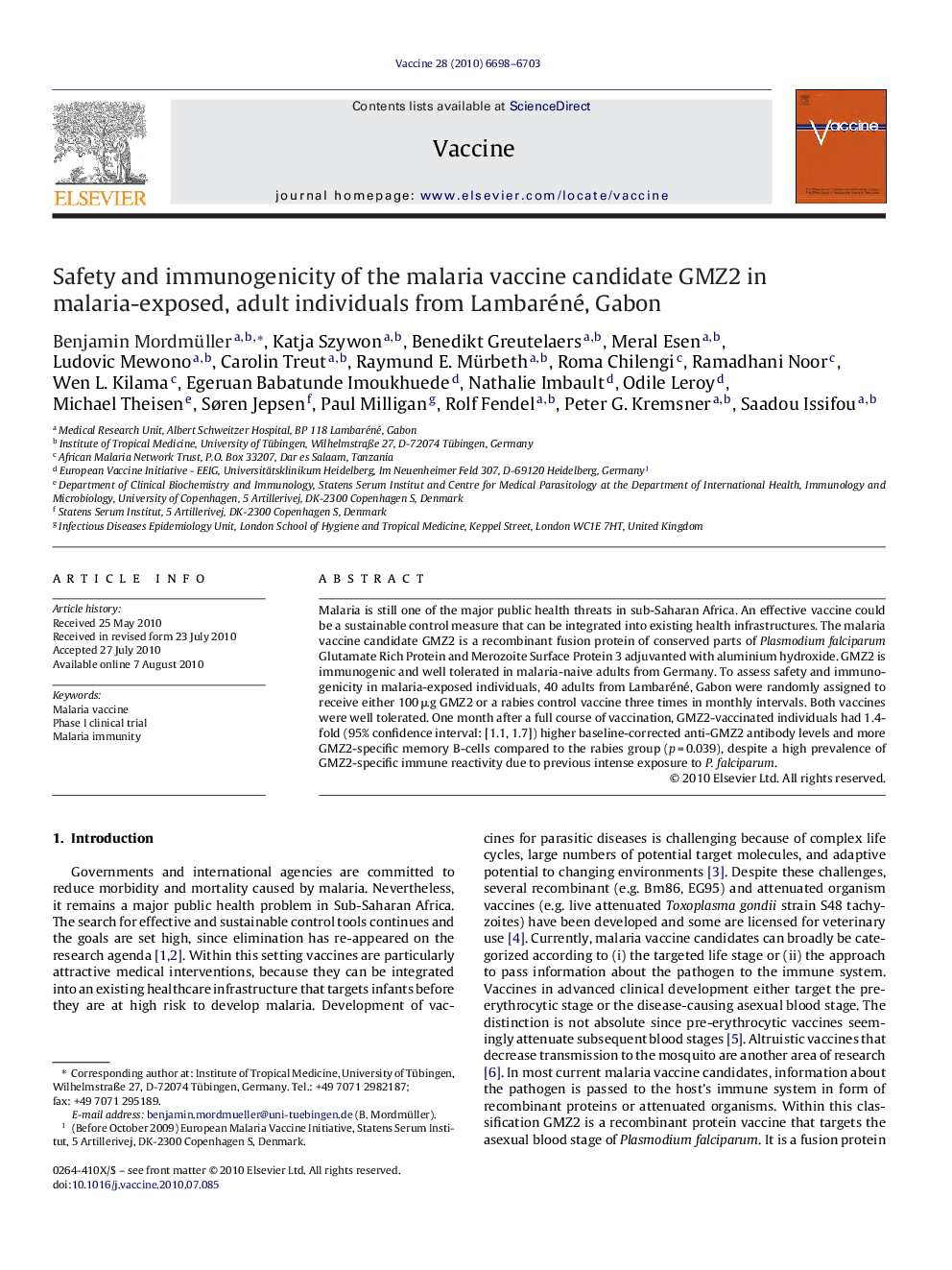 Safety and immunogenicity of the malaria vaccine candidate GMZ2 in malaria-exposed, adult individuals from Lambaréné, Gabon