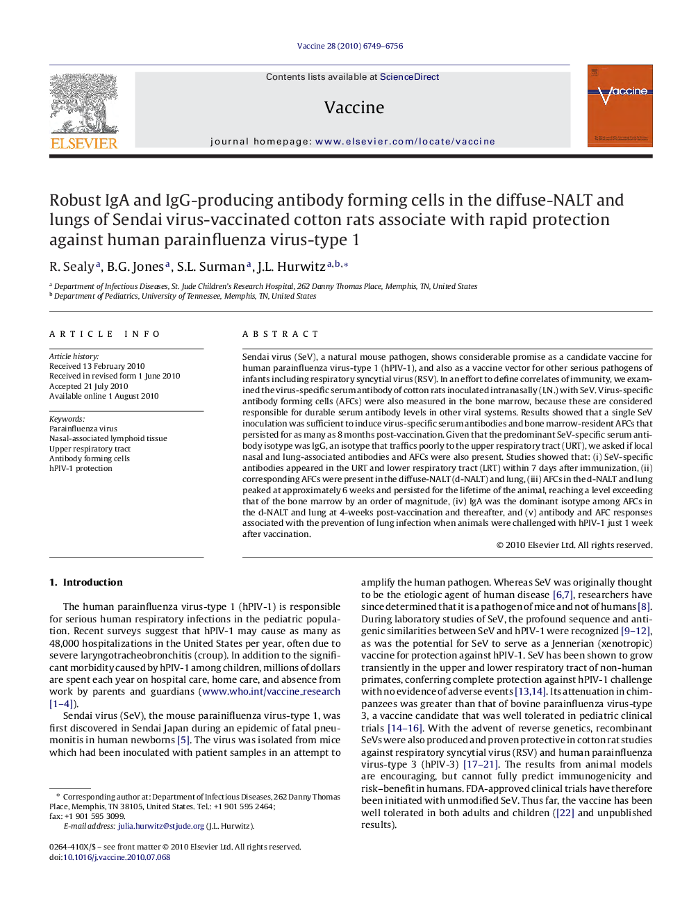 Robust IgA and IgG-producing antibody forming cells in the diffuse-NALT and lungs of Sendai virus-vaccinated cotton rats associate with rapid protection against human parainfluenza virus-type 1