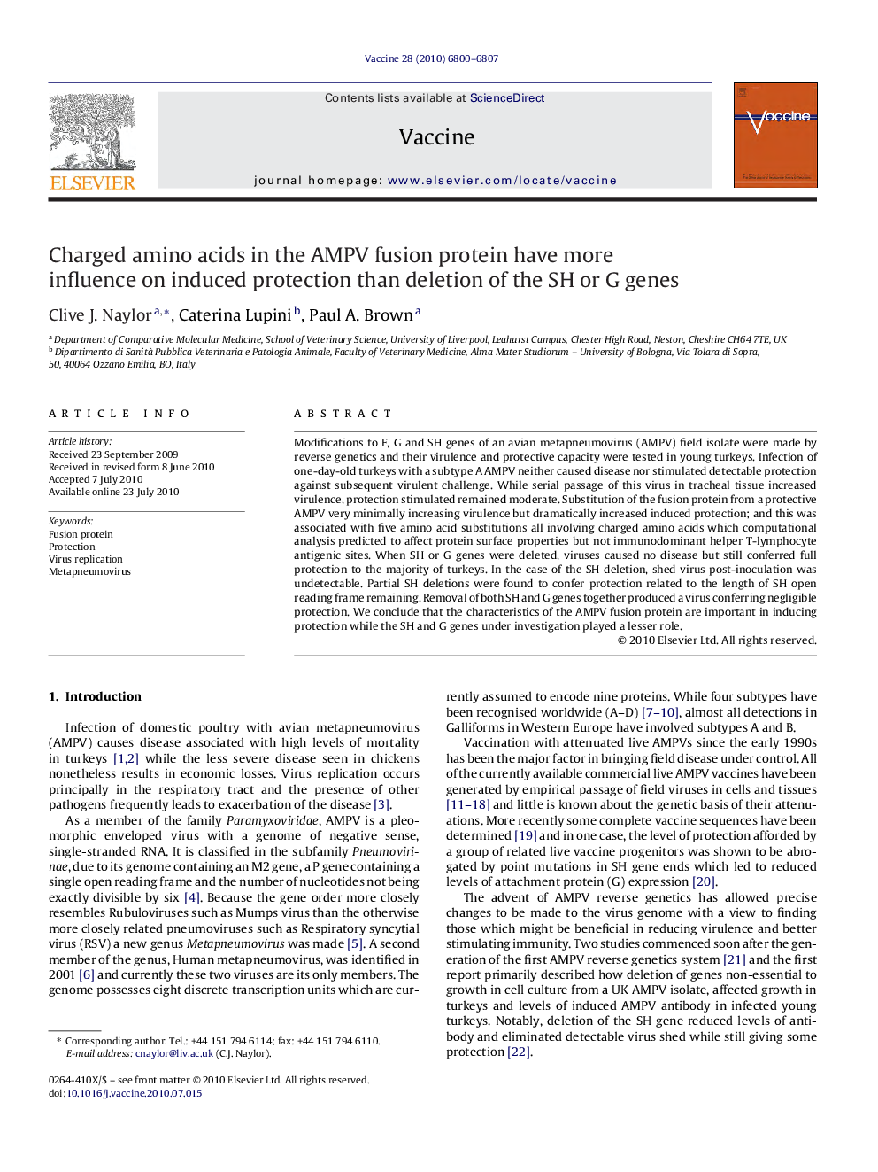 Charged amino acids in the AMPV fusion protein have more influence on induced protection than deletion of the SH or G genes