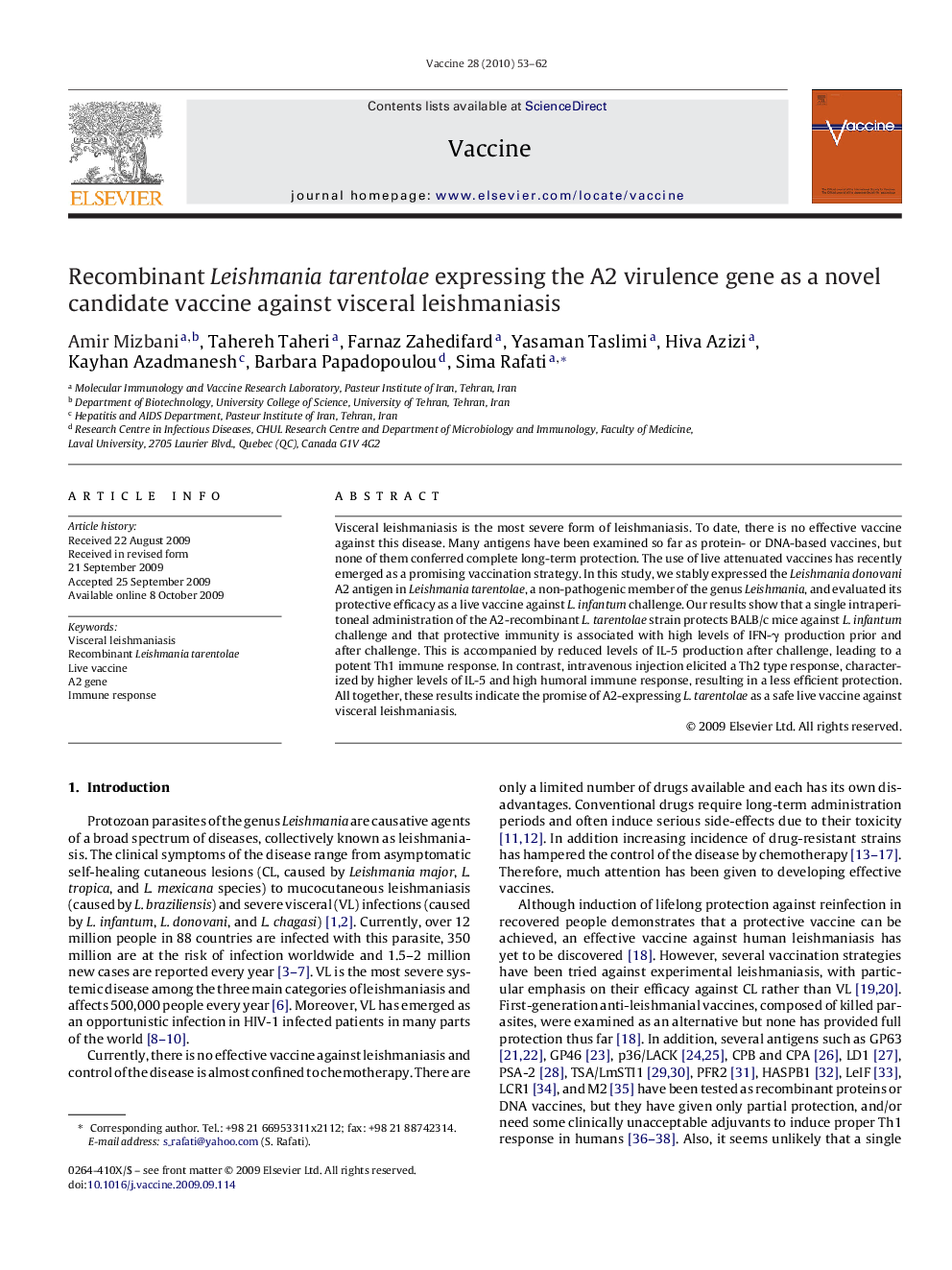 Recombinant Leishmania tarentolae expressing the A2 virulence gene as a novel candidate vaccine against visceral leishmaniasis