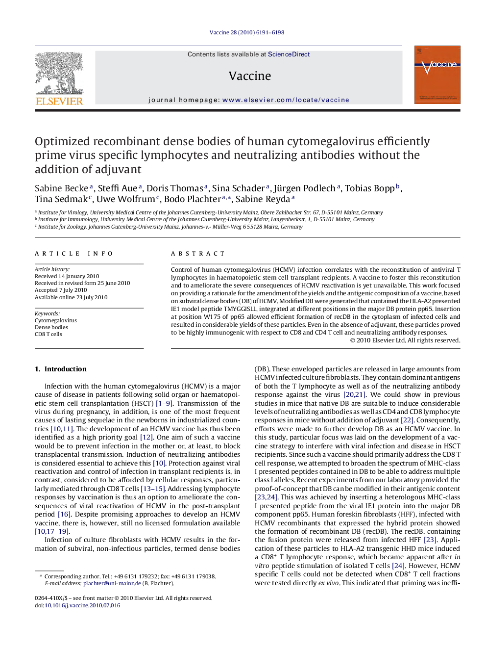 Optimized recombinant dense bodies of human cytomegalovirus efficiently prime virus specific lymphocytes and neutralizing antibodies without the addition of adjuvant