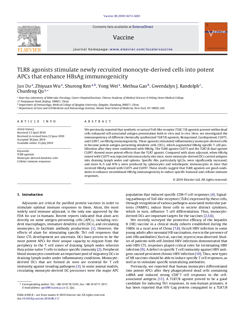 TLR8 agonists stimulate newly recruited monocyte-derived cells into potent APCs that enhance HBsAg immunogenicity