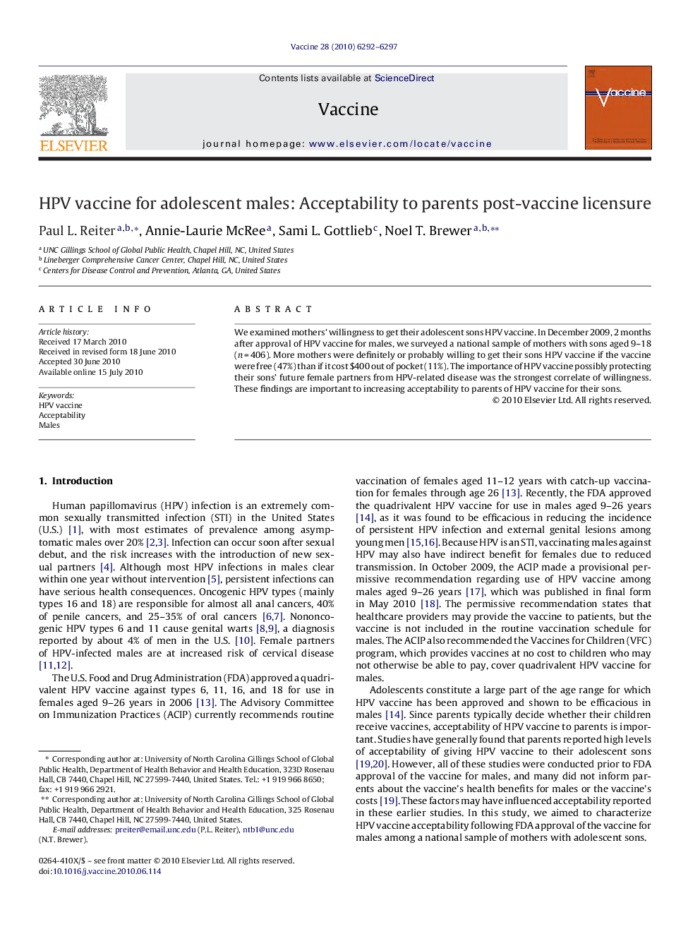 HPV vaccine for adolescent males: Acceptability to parents post-vaccine licensure