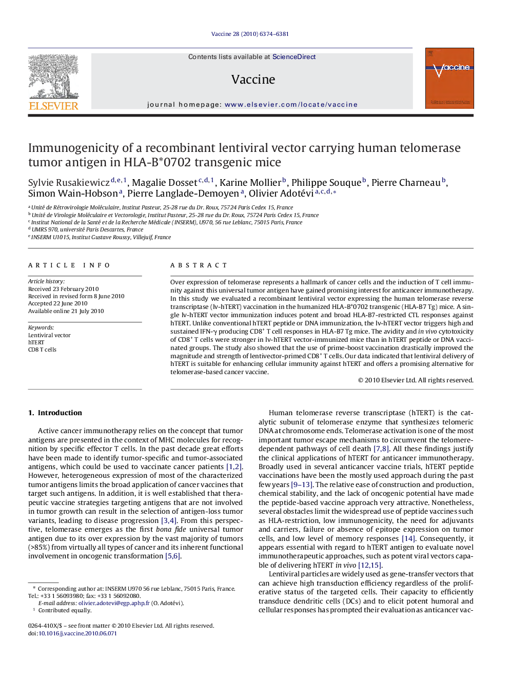 Immunogenicity of a recombinant lentiviral vector carrying human telomerase tumor antigen in HLA-B*0702 transgenic mice