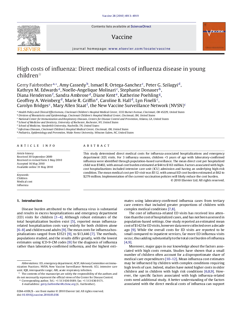 High costs of influenza: Direct medical costs of influenza disease in young children 