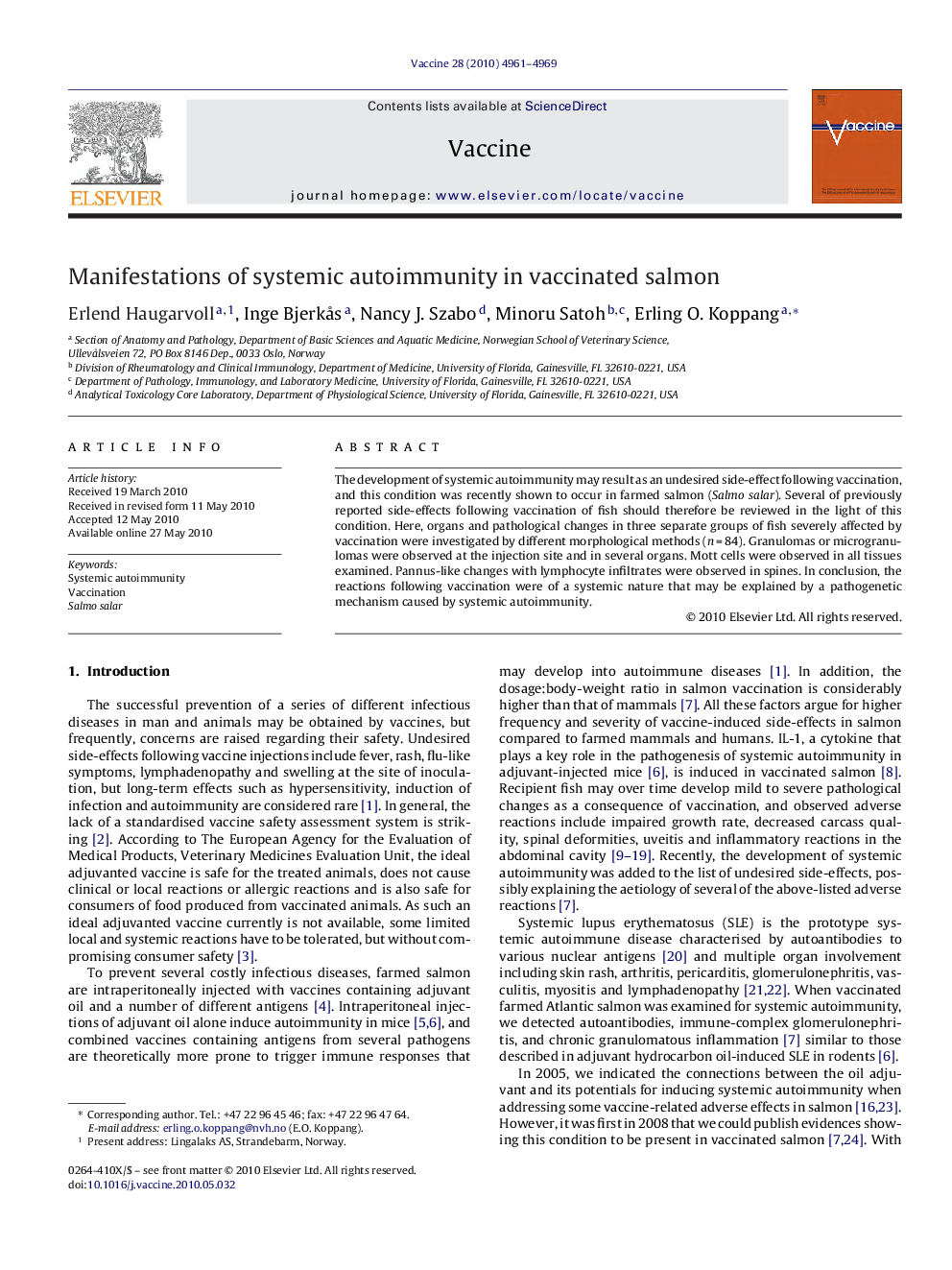 Manifestations of systemic autoimmunity in vaccinated salmon