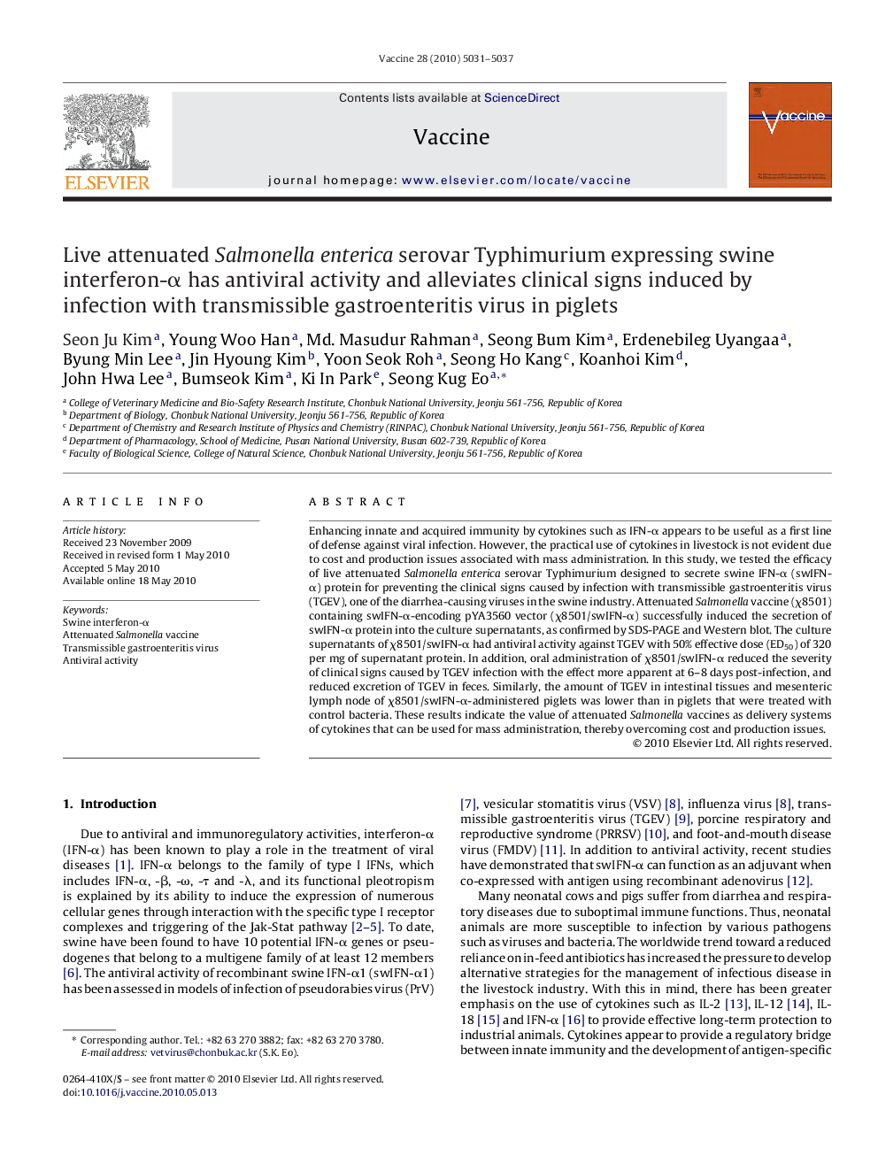 Live attenuated Salmonella enterica serovar Typhimurium expressing swine interferon-α has antiviral activity and alleviates clinical signs induced by infection with transmissible gastroenteritis virus in piglets