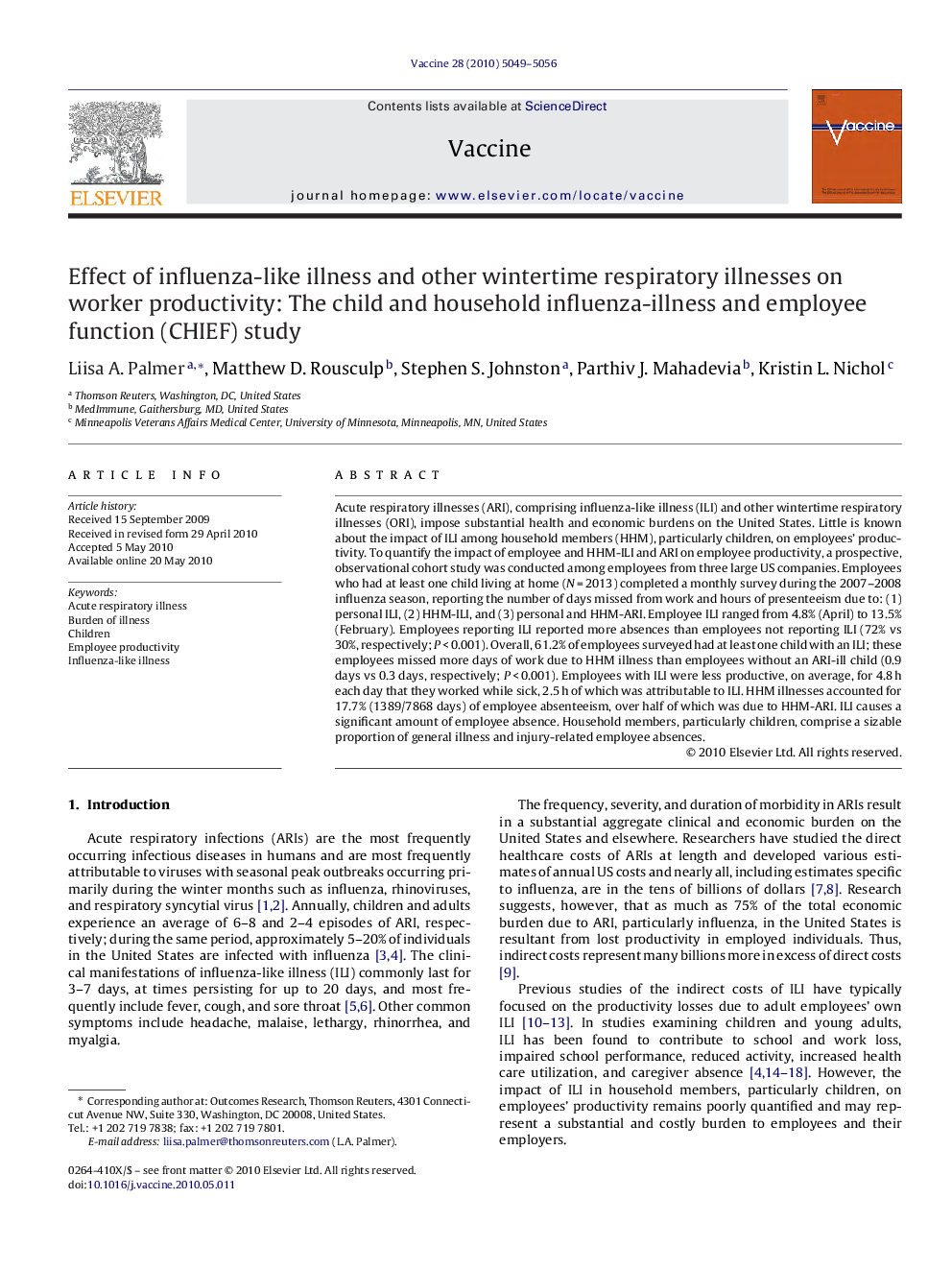 Effect of influenza-like illness and other wintertime respiratory illnesses on worker productivity: The child and household influenza-illness and employee function (CHIEF) study