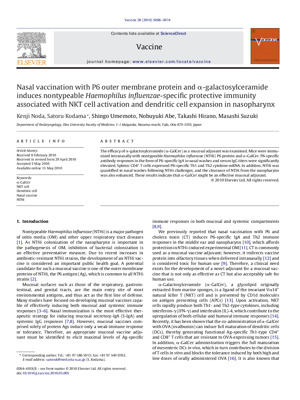 Nasal vaccination with P6 outer membrane protein and α-galactosylceramide induces nontypeable Haemophilus influenzae-specific protective immunity associated with NKT cell activation and dendritic cell expansion in nasopharynx