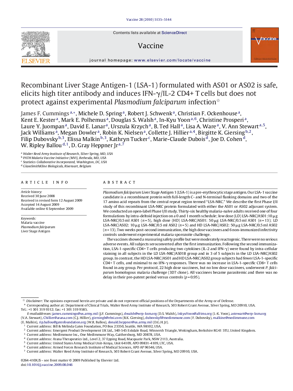 Recombinant Liver Stage Antigen-1 (LSA-1) formulated with AS01 or AS02 is safe, elicits high titer antibody and induces IFN-γ/IL-2 CD4+ T cells but does not protect against experimental Plasmodium falciparum infection 