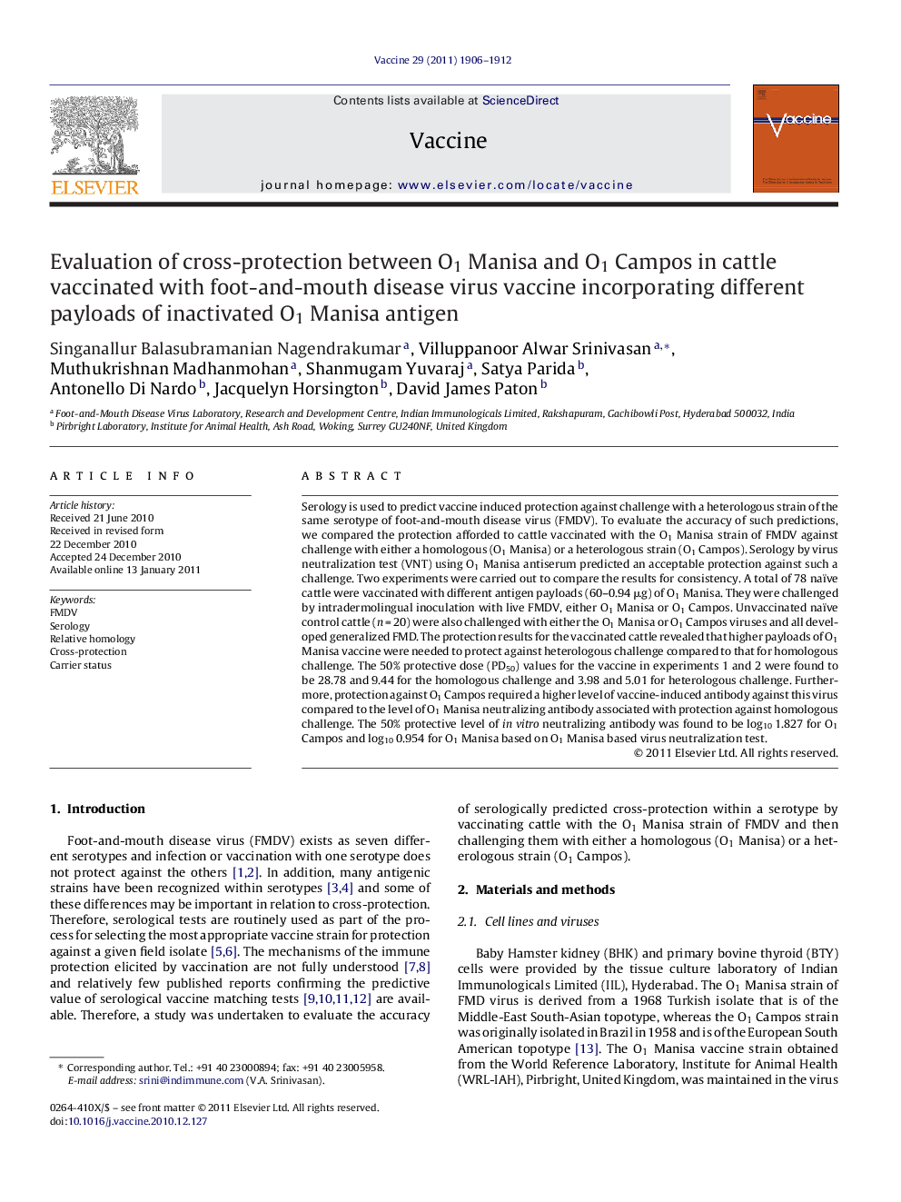 Evaluation of cross-protection between O1 Manisa and O1 Campos in cattle vaccinated with foot-and-mouth disease virus vaccine incorporating different payloads of inactivated O1 Manisa antigen