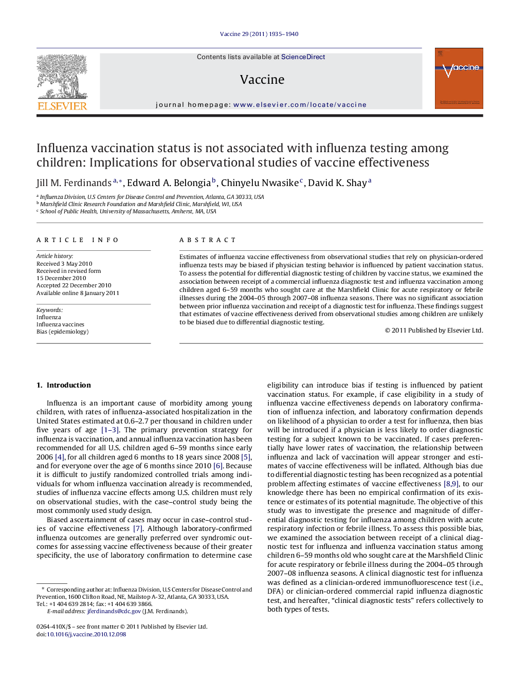 Influenza vaccination status is not associated with influenza testing among children: Implications for observational studies of vaccine effectiveness