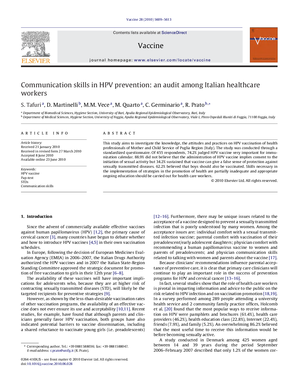 Communication skills in HPV prevention: an audit among Italian healthcare workers