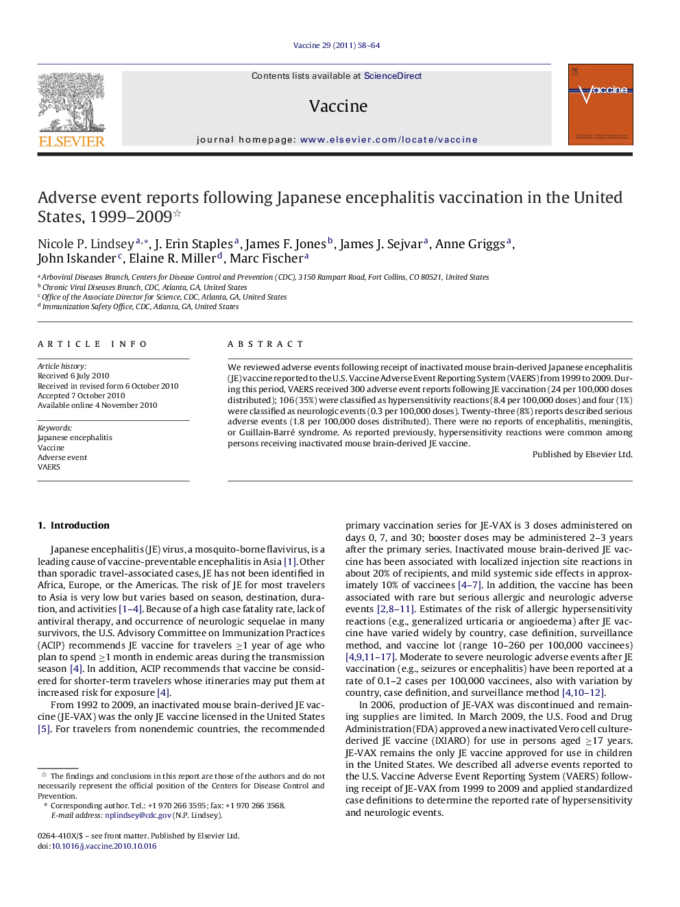 Adverse event reports following Japanese encephalitis vaccination in the United States, 1999–2009 