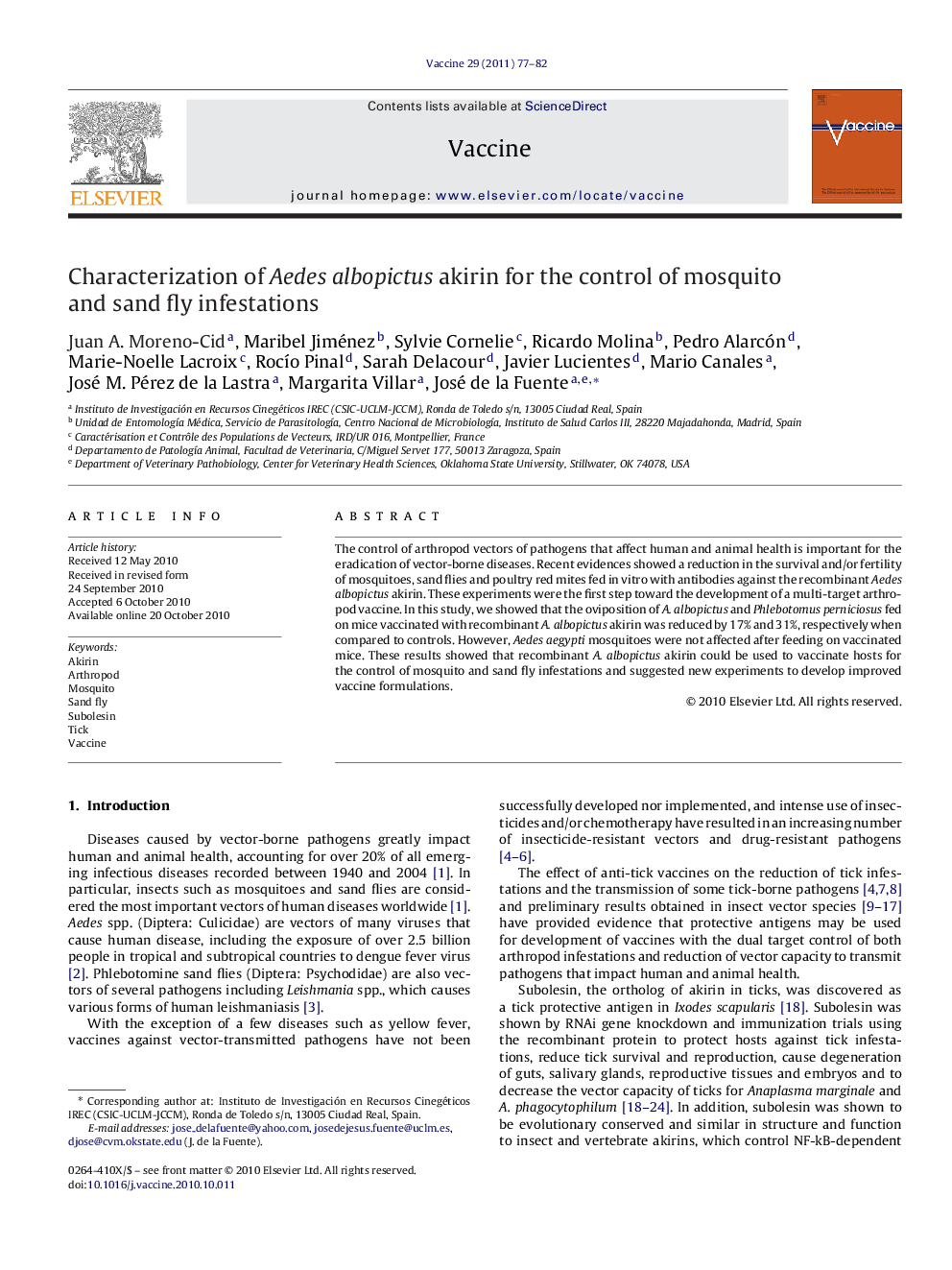 Characterization of Aedes albopictus akirin for the control of mosquito and sand fly infestations