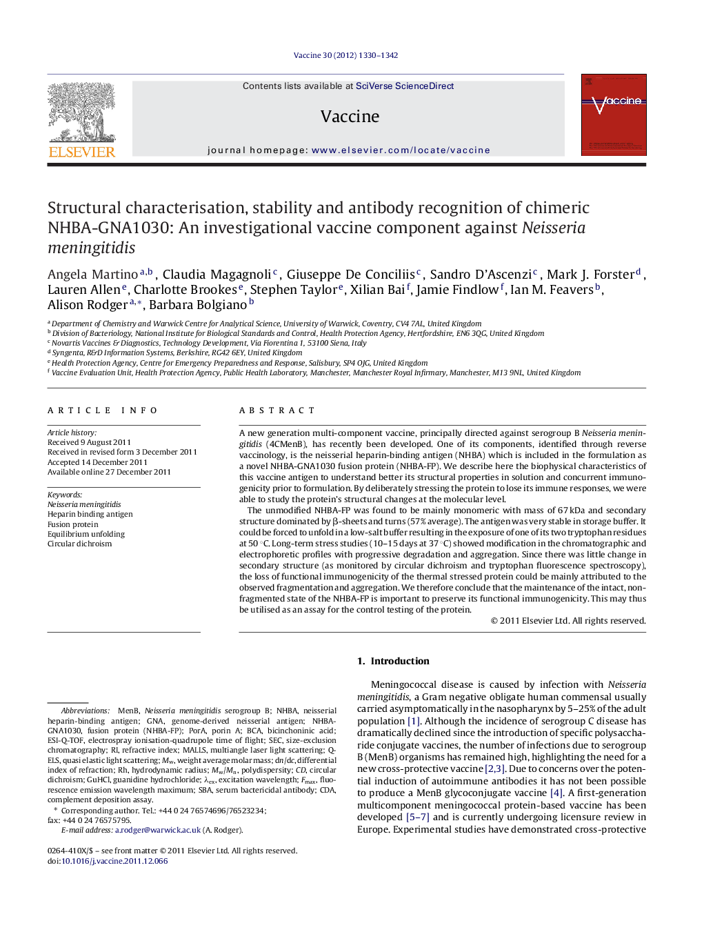 Structural characterisation, stability and antibody recognition of chimeric NHBA-GNA1030: An investigational vaccine component against Neisseria meningitidis