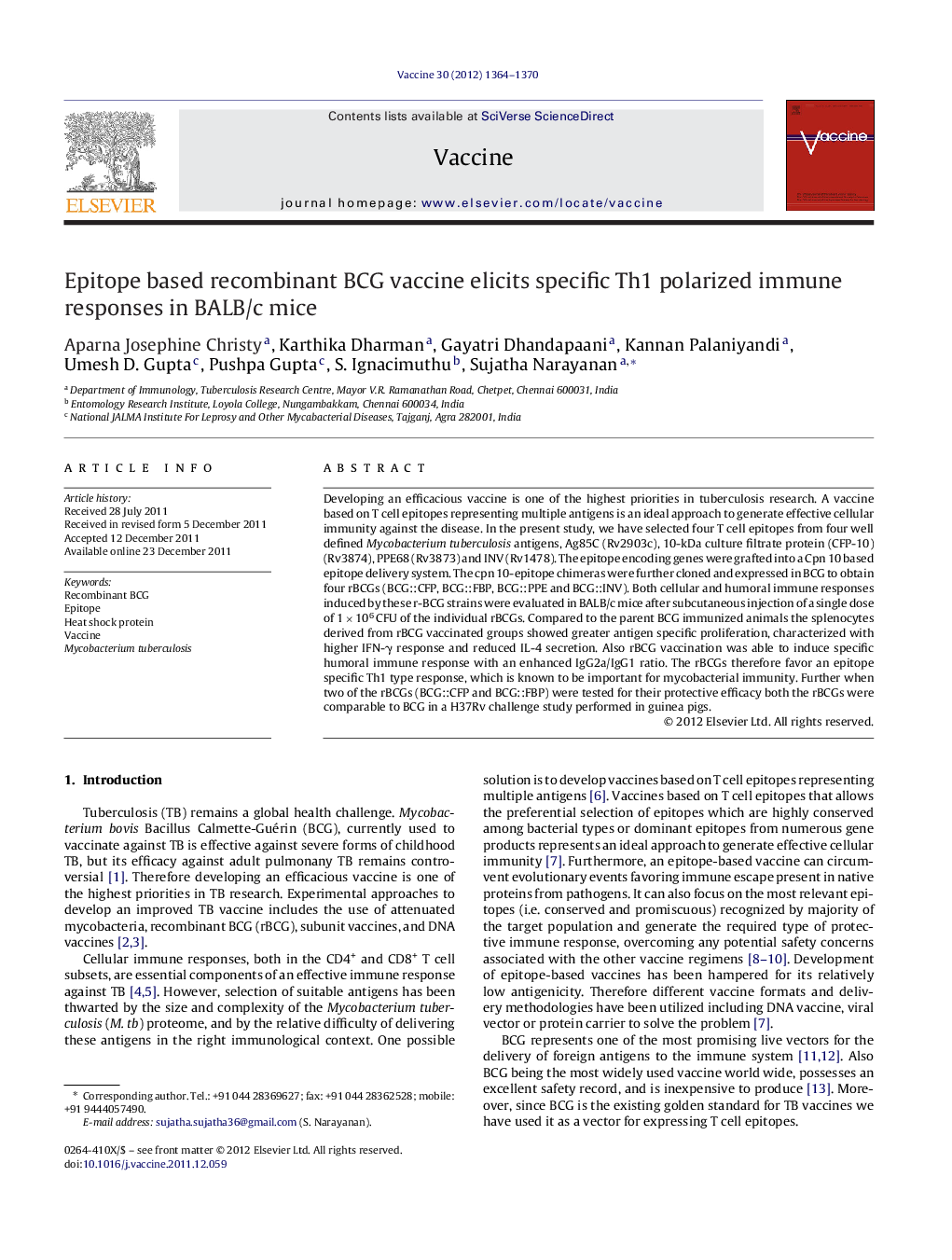 عکس صفحه اول مقاله: Epitope based recombinant BCG vaccine elicits specific Th1 polarized immune responses in BALB/c mice Epitope based recombinant BCG vaccine elicits specific Th1 polarized immune responses in BALB/c mice