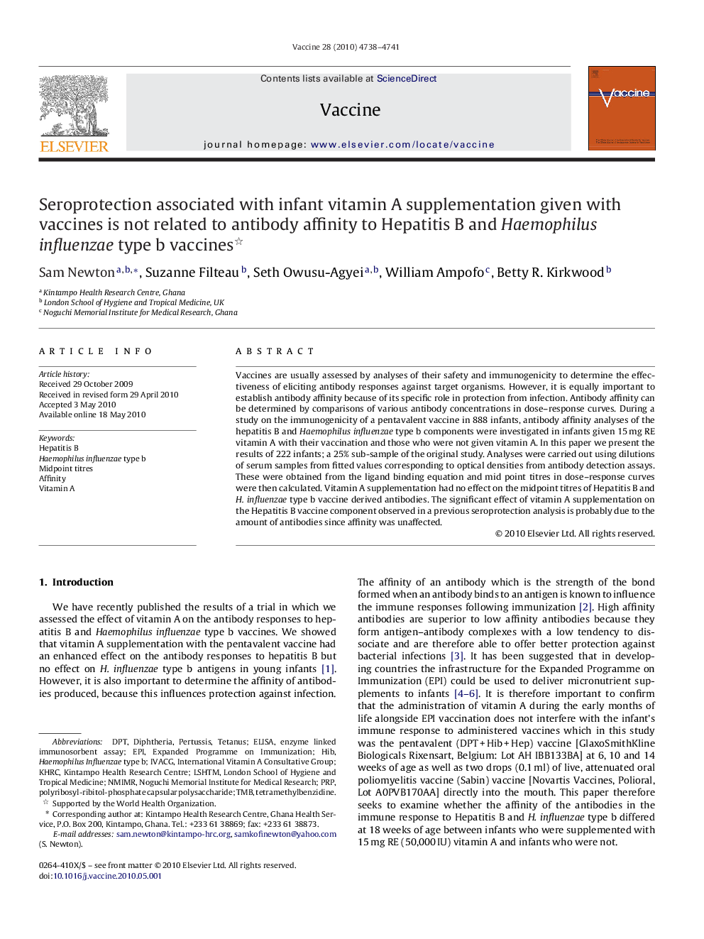 Seroprotection associated with infant vitamin A supplementation given with vaccines is not related to antibody affinity to Hepatitis B and Haemophilus influenzae type b vaccines