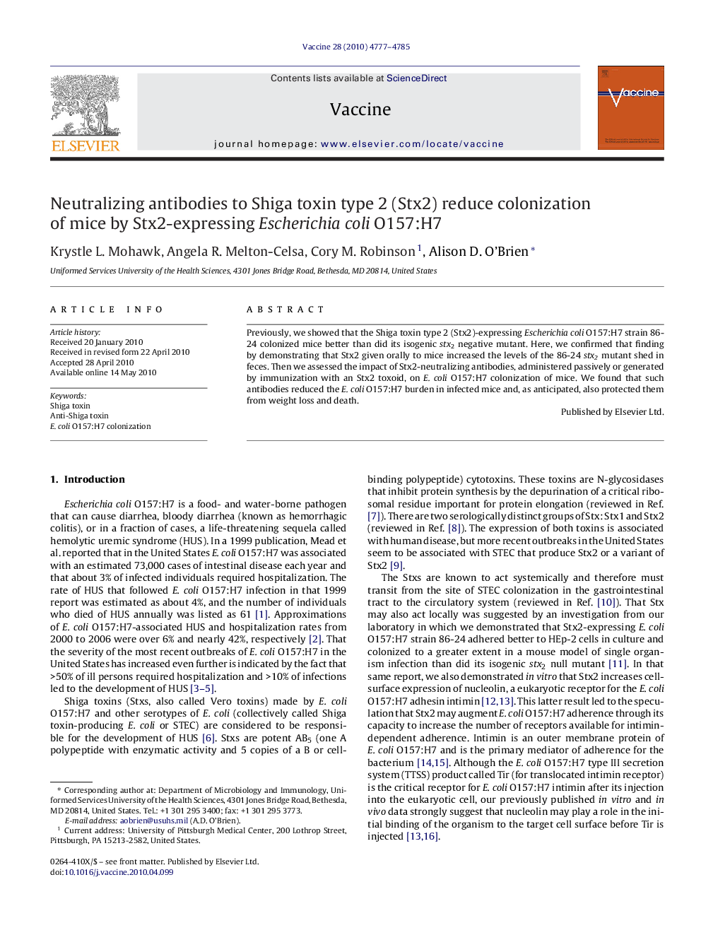 Neutralizing antibodies to Shiga toxin type 2 (Stx2) reduce colonization of mice by Stx2-expressing Escherichia coli O157:H7