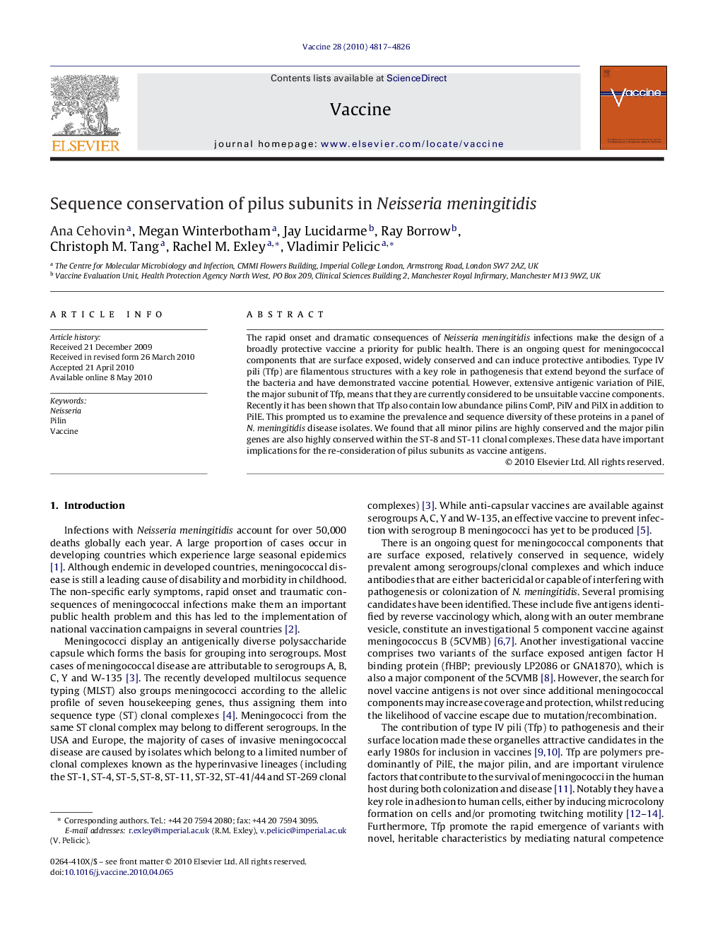 Sequence conservation of pilus subunits in Neisseria meningitidis