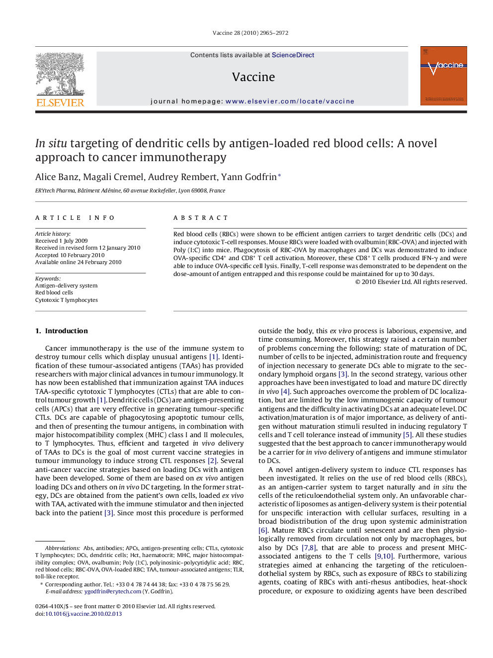 In situ targeting of dendritic cells by antigen-loaded red blood cells: A novel approach to cancer immunotherapy