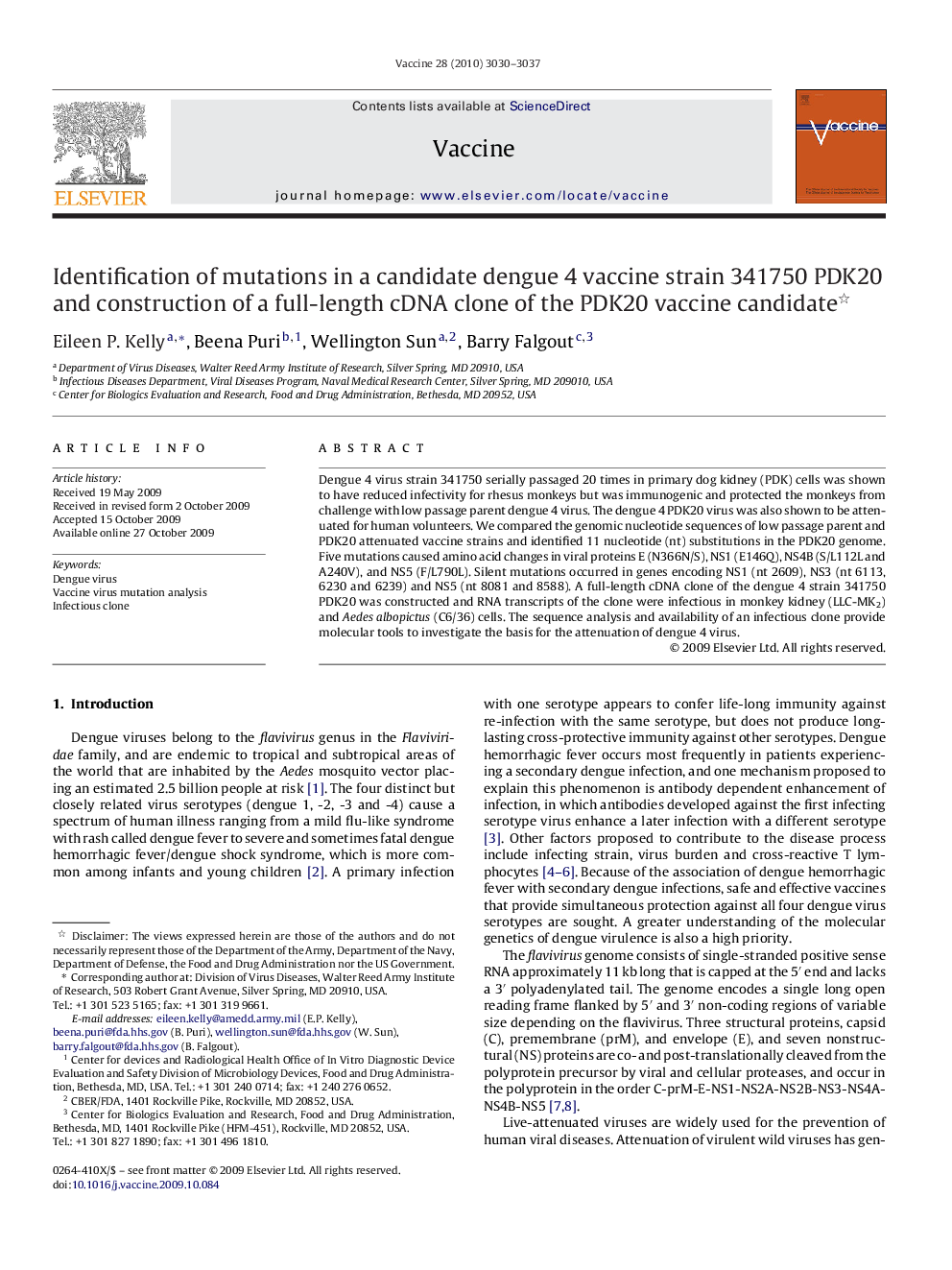 Identification of mutations in a candidate dengue 4 vaccine strain 341750 PDK20 and construction of a full-length cDNA clone of the PDK20 vaccine candidate 