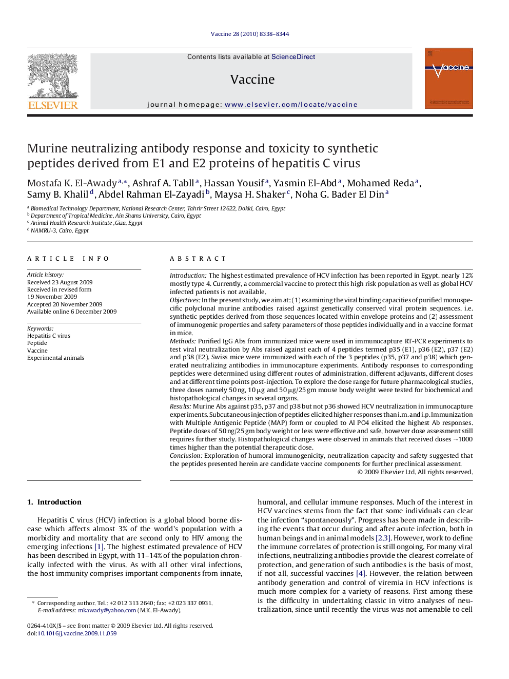 Murine neutralizing antibody response and toxicity to synthetic peptides derived from E1 and E2 proteins of hepatitis C virus