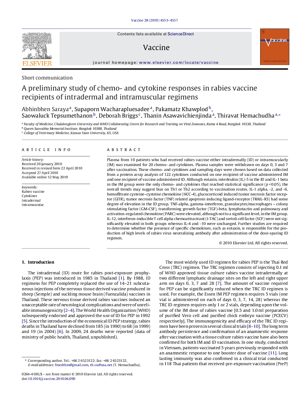 A preliminary study of chemo- and cytokine responses in rabies vaccine recipients of intradermal and intramuscular regimens