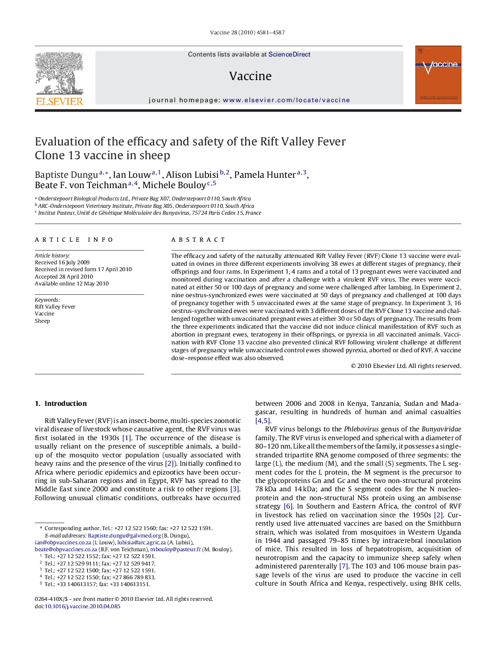 Evaluation of the efficacy and safety of the Rift Valley Fever Clone 13 vaccine in sheep