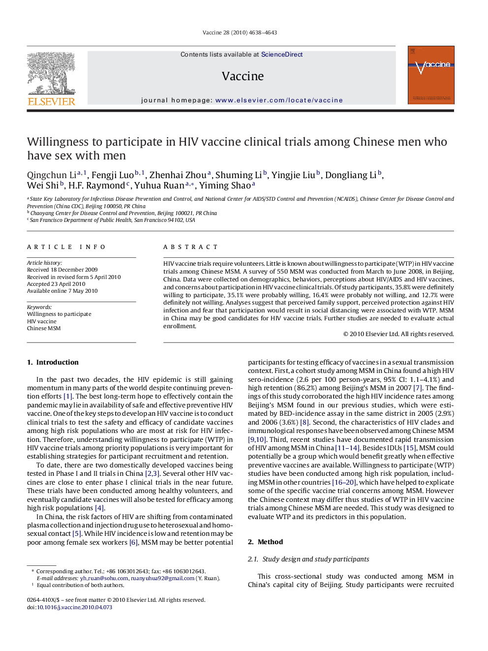 Willingness to participate in HIV vaccine clinical trials among Chinese men who have sex with men