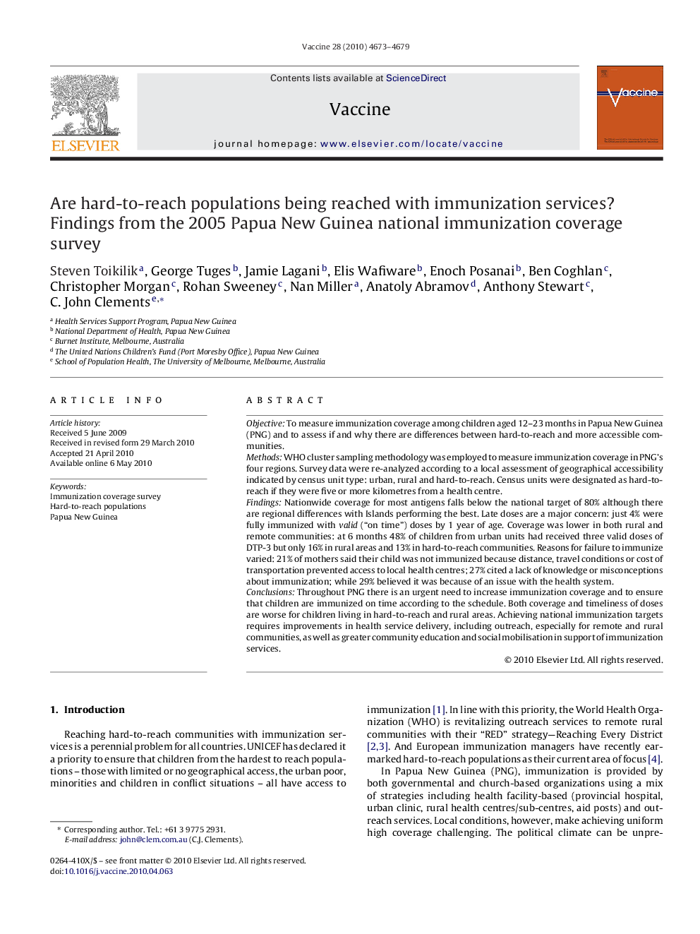 Are hard-to-reach populations being reached with immunization services? Findings from the 2005 Papua New Guinea national immunization coverage survey