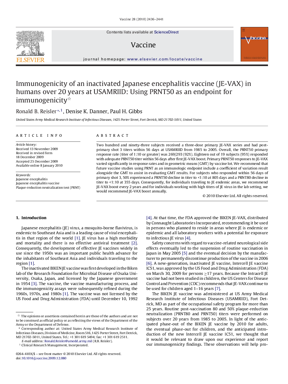 Immunogenicity of an inactivated Japanese encephalitis vaccine (JE-VAX) in humans over 20 years at USAMRIID: Using PRNT50 as an endpoint for immunogenicity 