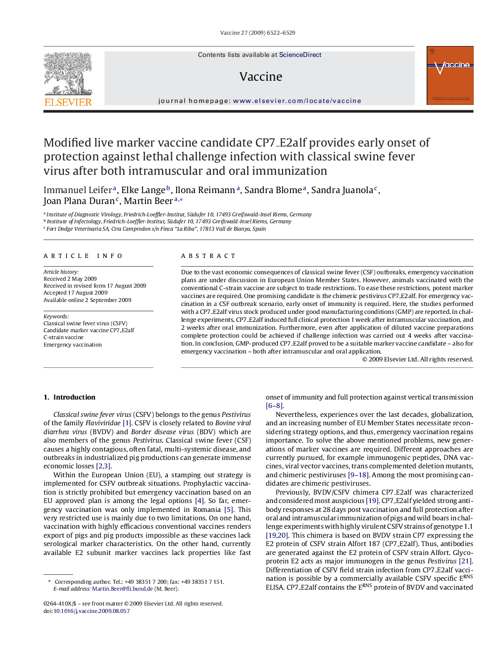 Modified live marker vaccine candidate CP7_E2alf provides early onset of protection against lethal challenge infection with classical swine fever virus after both intramuscular and oral immunization