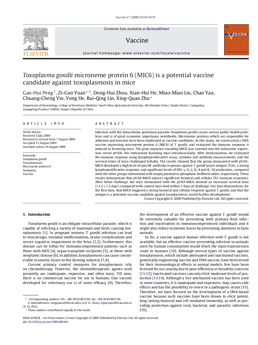 Toxoplasma gondii microneme protein 6 (MIC6) is a potential vaccine candidate against toxoplasmosis in mice