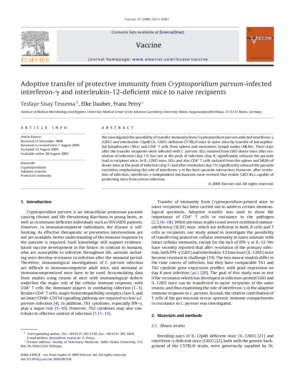 Adoptive transfer of protective immunity from Cryptosporidium parvum-infected interferon-γ and interleukin-12-deficient mice to naive recipients