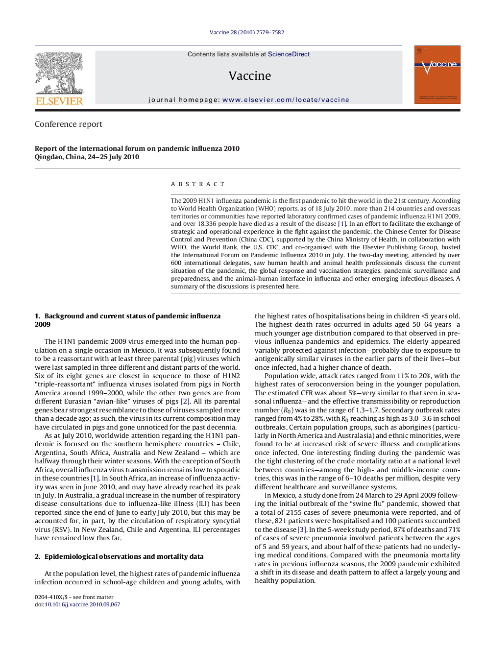 Report of the international forum on pandemic influenza 2010
