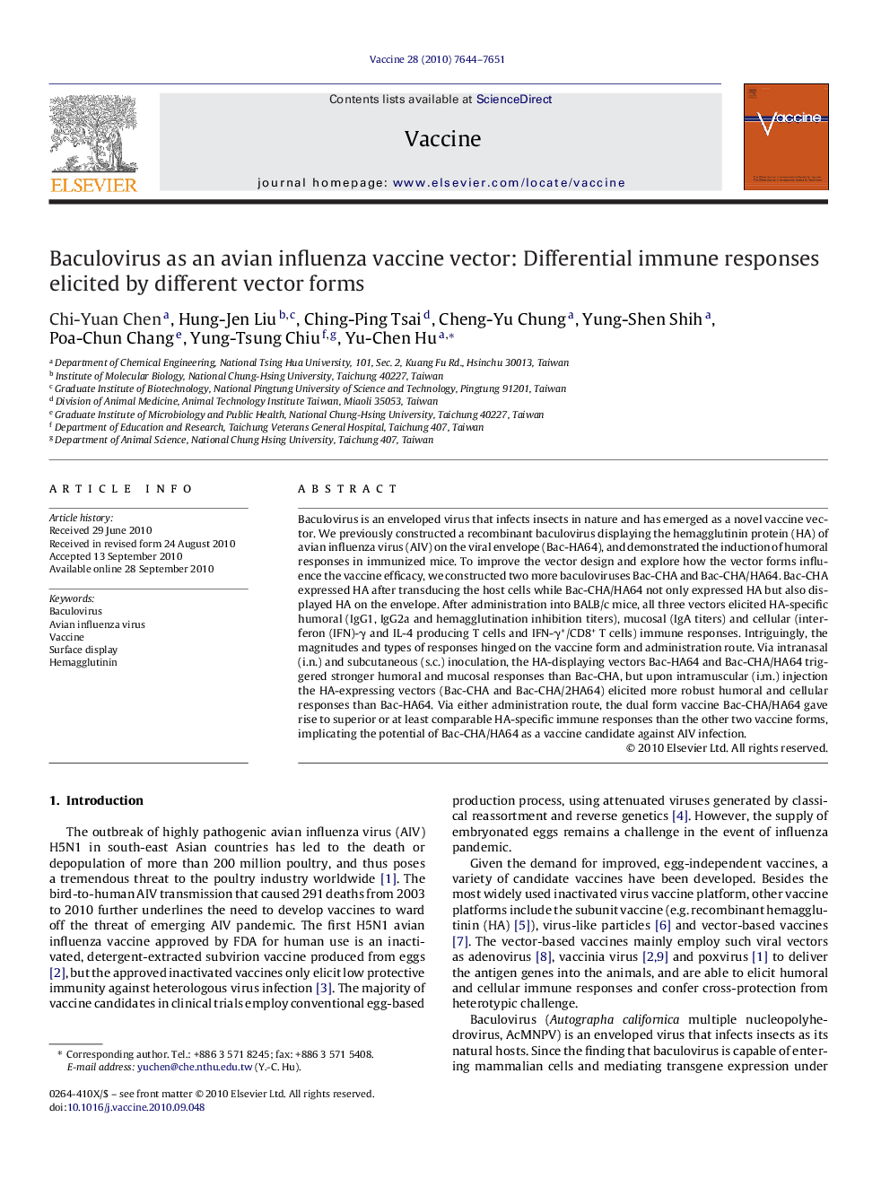 Baculovirus as an avian influenza vaccine vector: Differential immune responses elicited by different vector forms