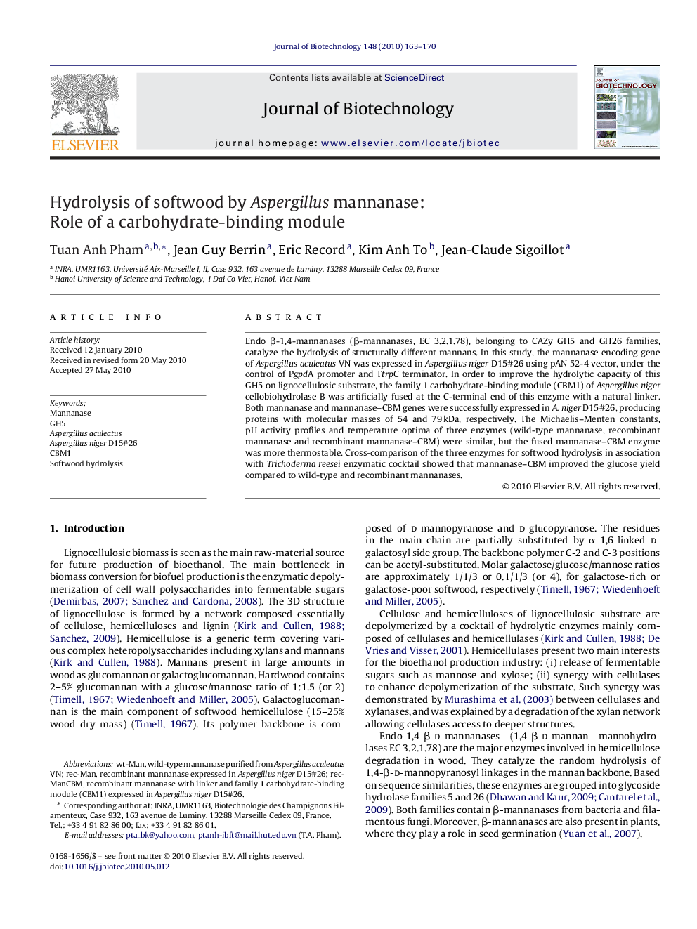 Hydrolysis of softwood by Aspergillus mannanase: Role of a carbohydrate-binding module