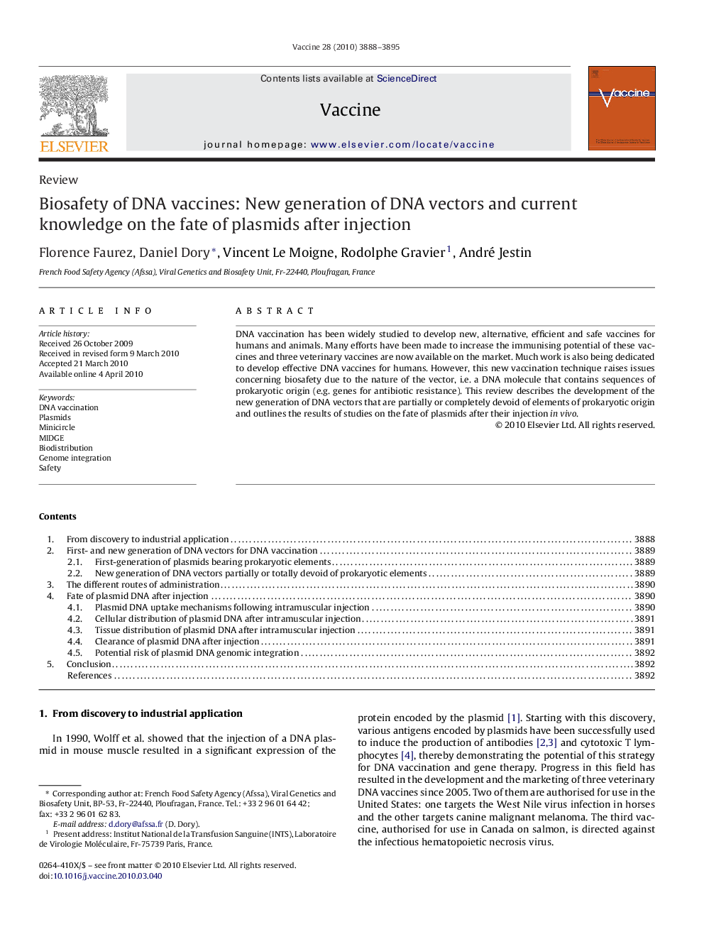 Biosafety of DNA vaccines: New generation of DNA vectors and current knowledge on the fate of plasmids after injection