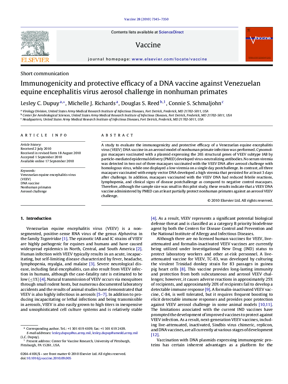 Immunogenicity and protective efficacy of a DNA vaccine against Venezuelan equine encephalitis virus aerosol challenge in nonhuman primates