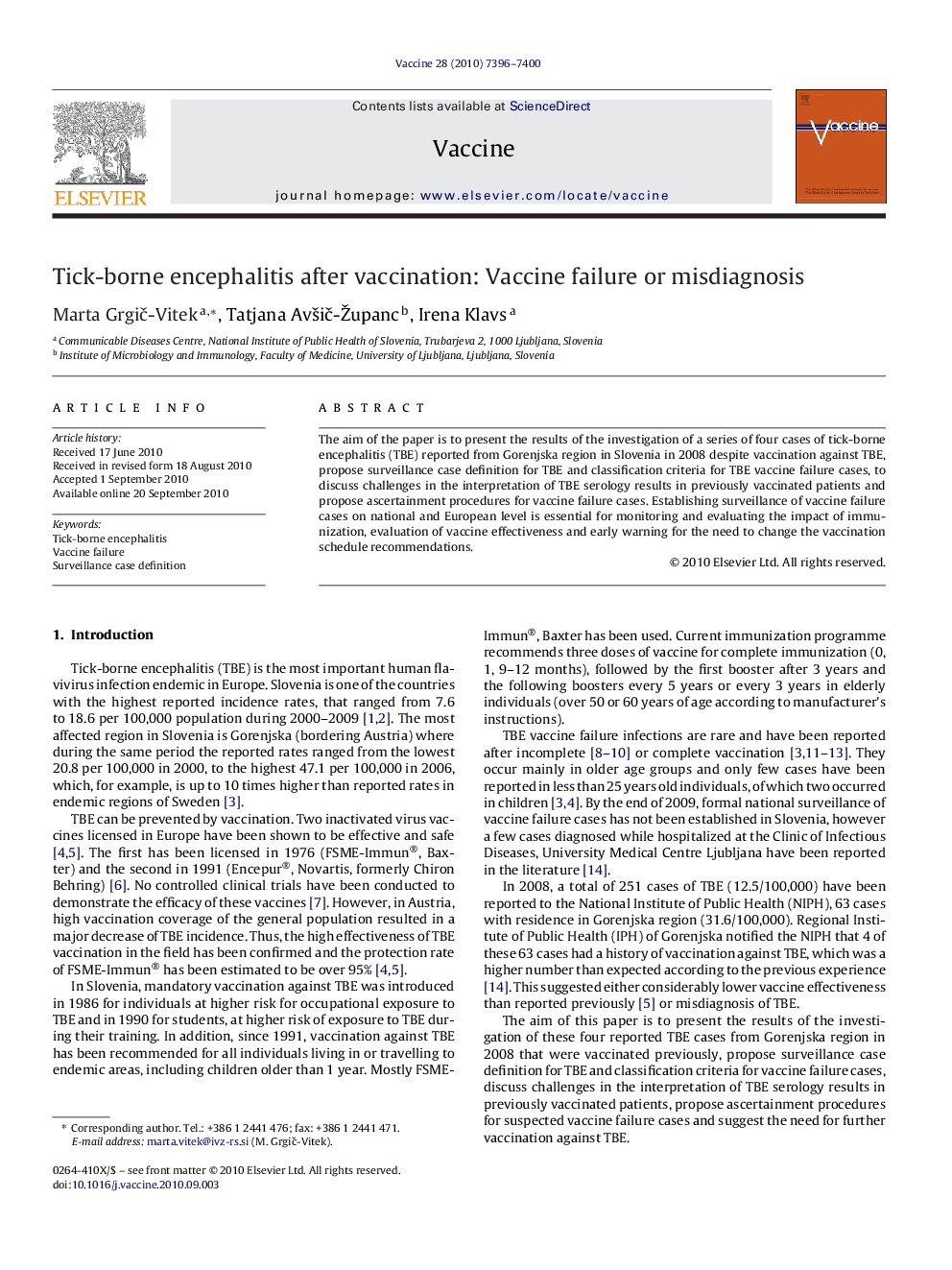 Tick-borne encephalitis after vaccination: Vaccine failure or misdiagnosis