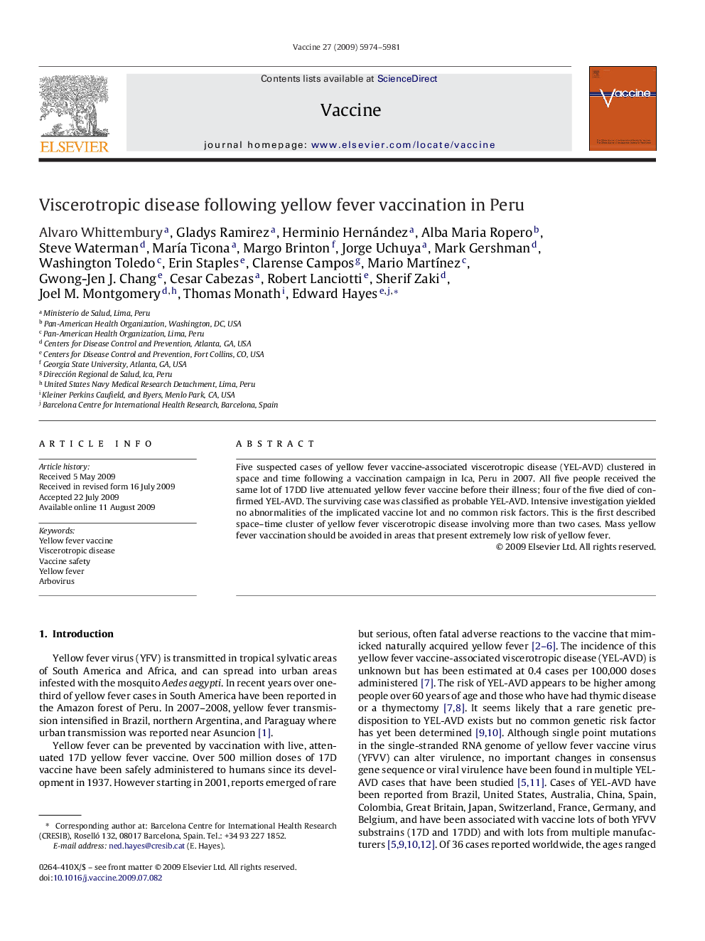 Viscerotropic disease following yellow fever vaccination in Peru