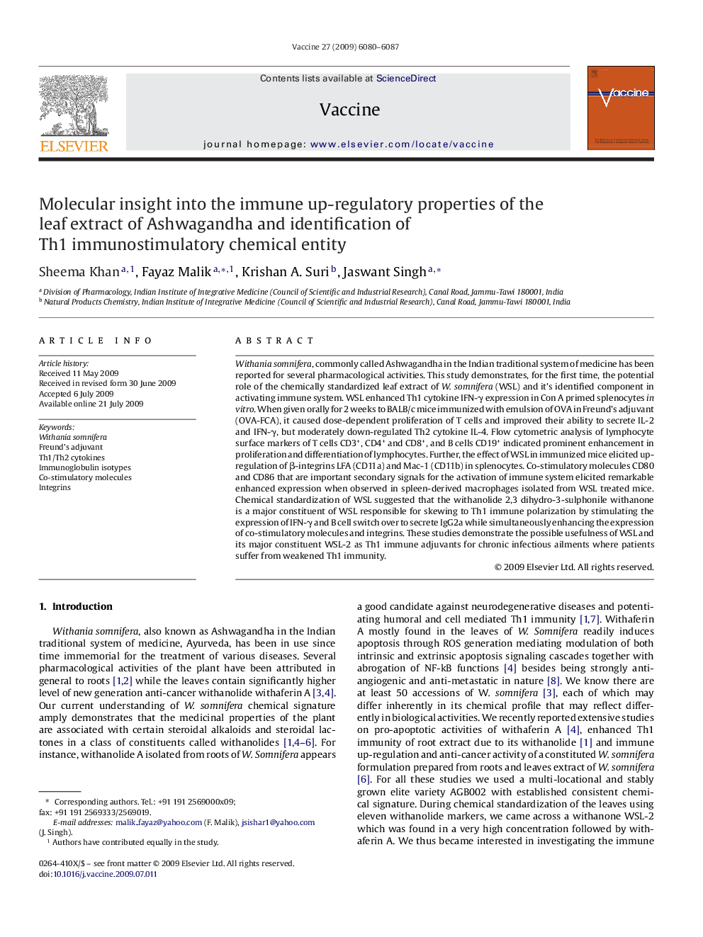 Molecular insight into the immune up-regulatory properties of the leaf extract of Ashwagandha and identification of Th1 immunostimulatory chemical entity