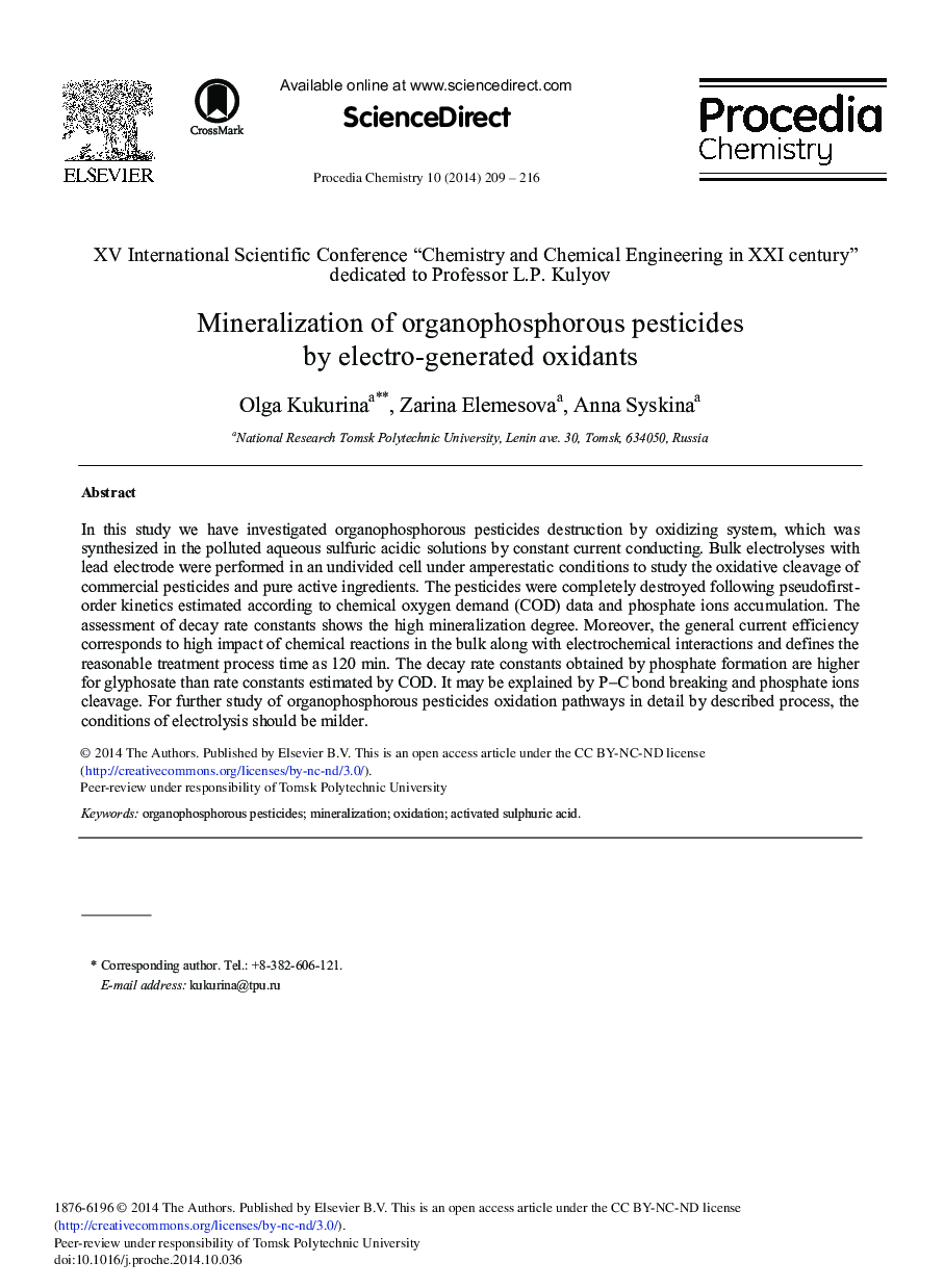 Mineralization of Organophosphorous Pesticides by Electro-generated Oxidants 