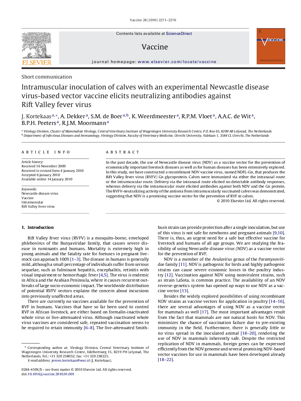 Intramuscular inoculation of calves with an experimental Newcastle disease virus-based vector vaccine elicits neutralizing antibodies against Rift Valley fever virus