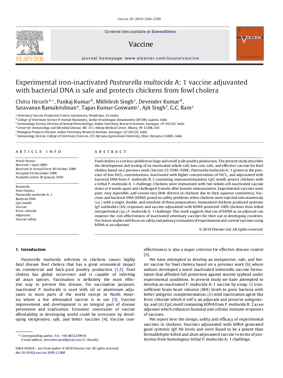 Experimental iron-inactivated Pasteurella multocida A: 1 vaccine adjuvanted with bacterial DNA is safe and protects chickens from fowl cholera