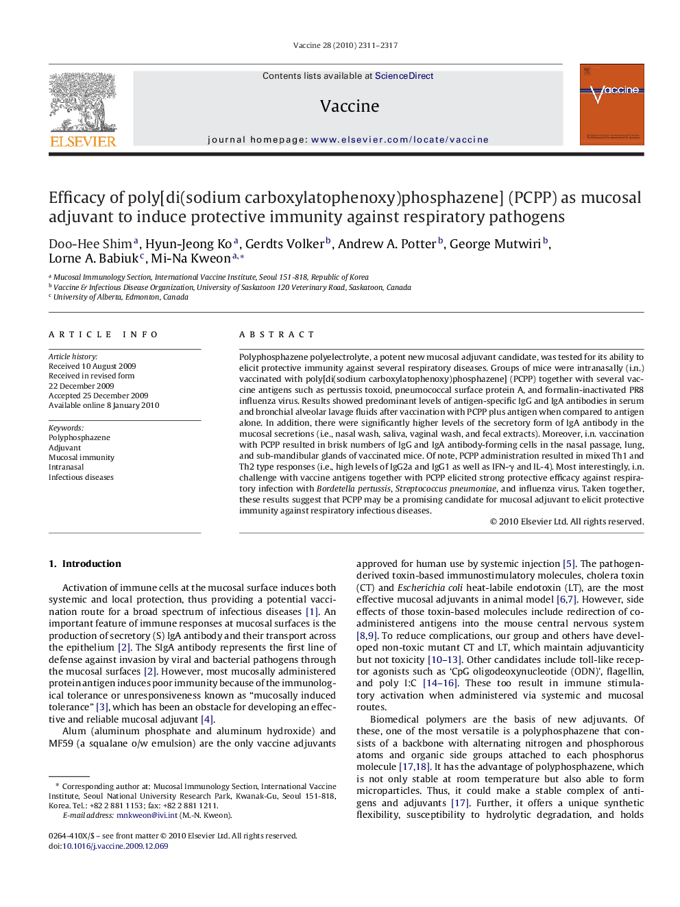 Efficacy of poly[di(sodium carboxylatophenoxy)phosphazene] (PCPP) as mucosal adjuvant to induce protective immunity against respiratory pathogens